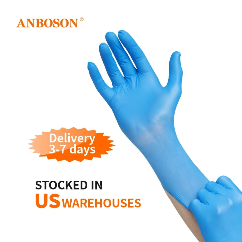 Blue gloves with Anboson branding and text about delivery time and warehouse stock on a white background.