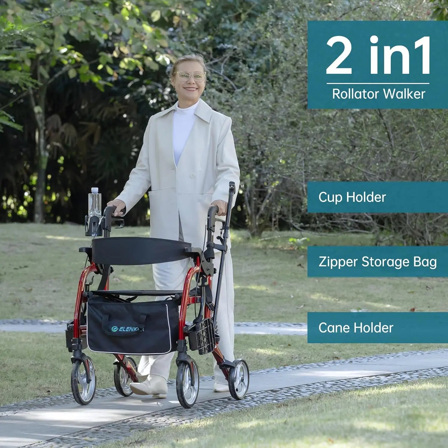 2 in 1 Rollator Walker & Transport Chair for Seniors, Folding Rolling Walker Wheelchair Combo