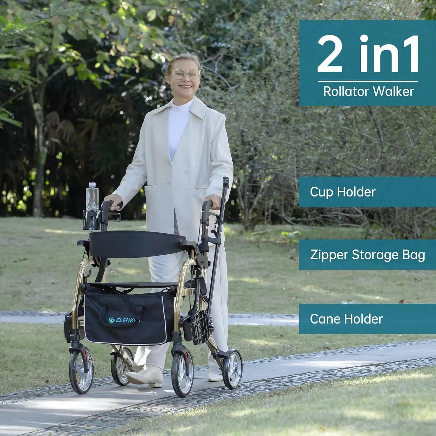 2 in 1 Rollator Walker & Transport Chair for Seniors, Folding Rolling Walker Wheelchair Combo