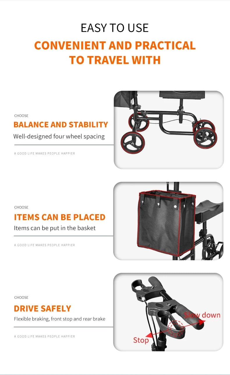 Elderly Disabled Knee Walker Foldable Seated Training Household Auxiliary Training Crutches Wheeled Trolley Four-wheeled Walker