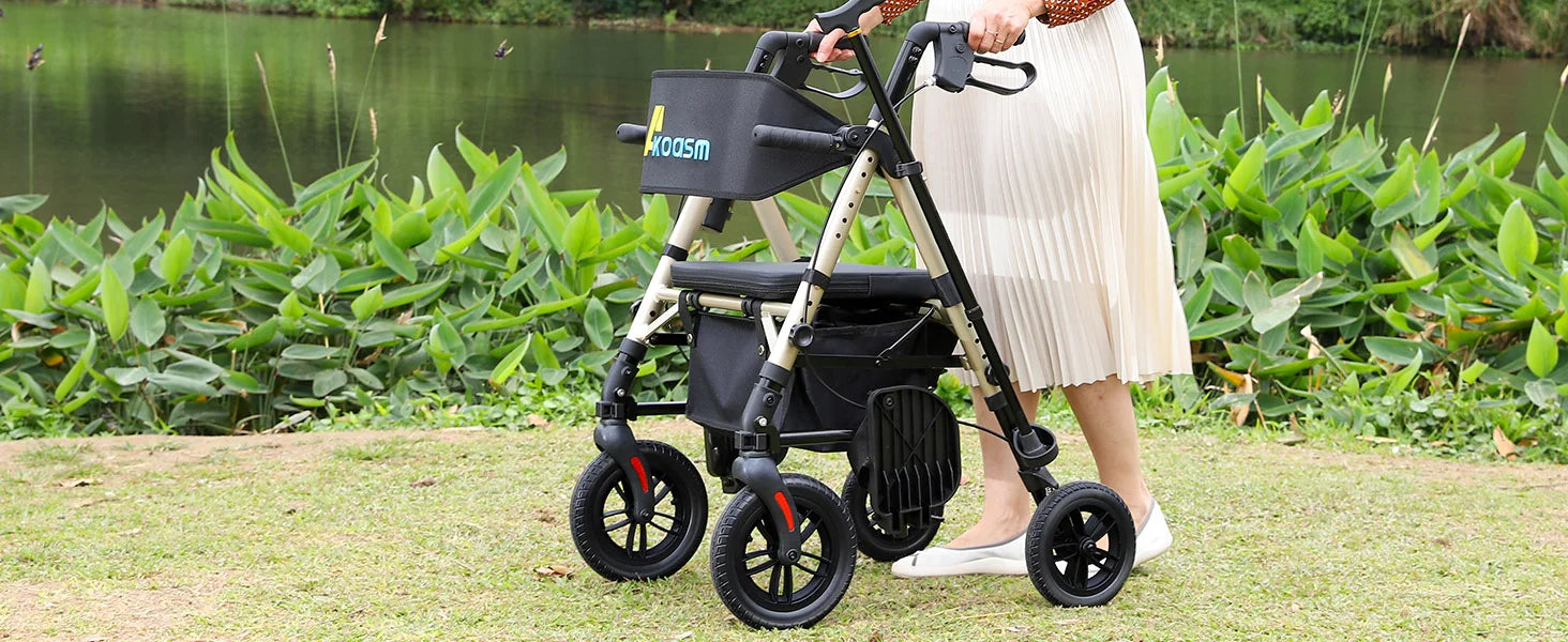 Lightweight 2 in 1 Rolling Walkers Wheelchair Combo for Adult, Transport Chair with Brakes, Adjustable Seat & Handle, 300lbs