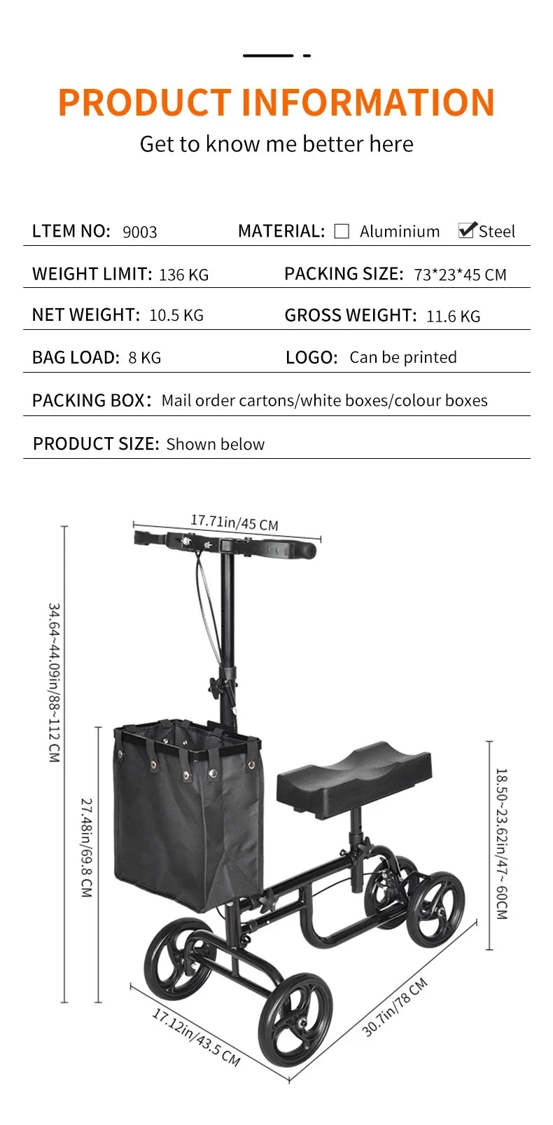 Elderly Disabled Knee Walker Foldable Seated Training Household Auxiliary Training Crutches Wheeled Trolley Four-wheeled Walker
