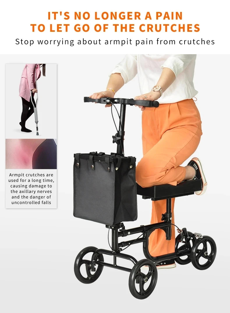 Elderly Disabled Knee Walker Foldable Seated Training Household Auxiliary Training Crutches Wheeled Trolley Four-wheeled Walker