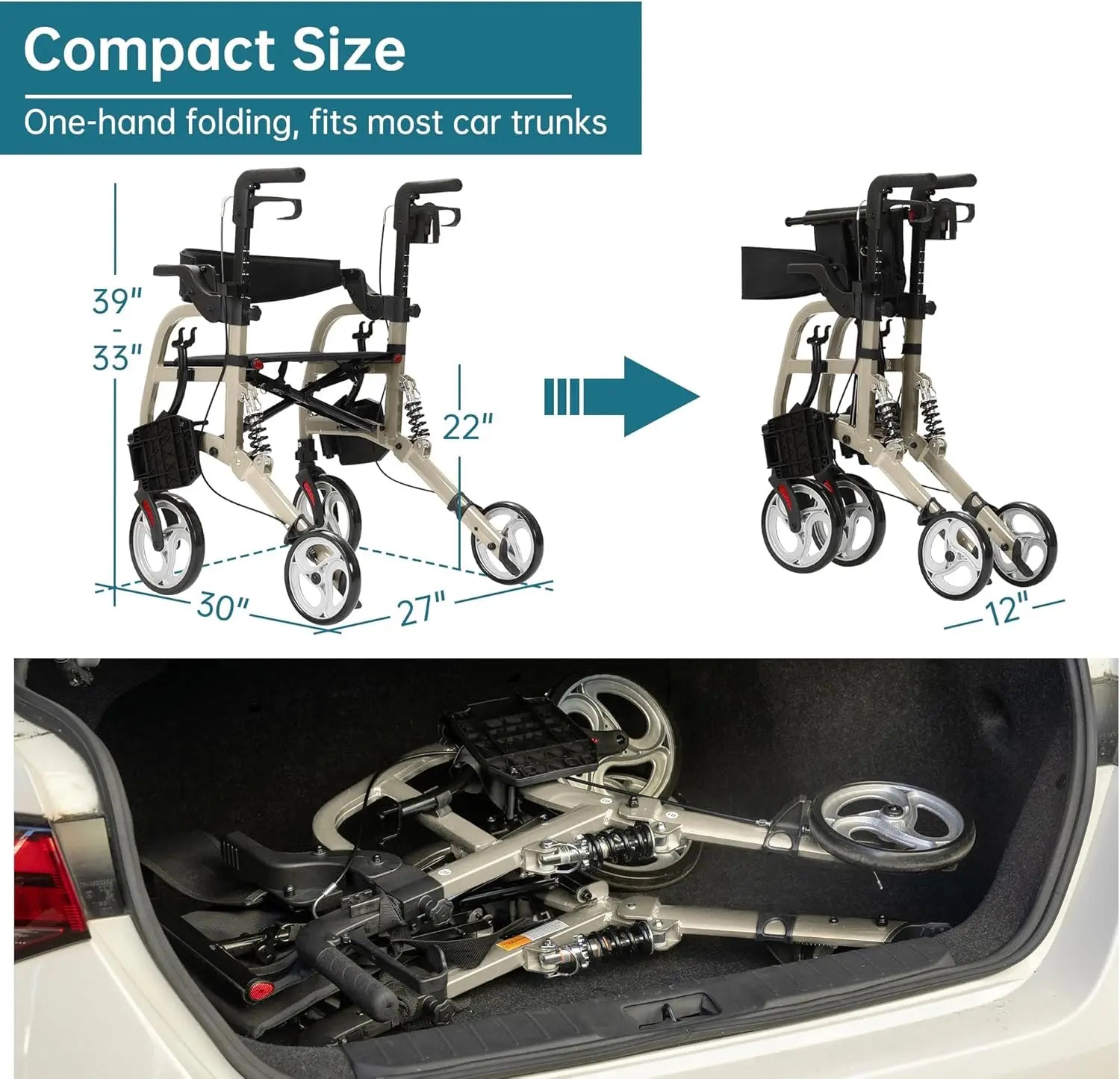 2 in 1 Rollator Walker & Transport Chair for Seniors, Folding Rolling Walker Wheelchair Combo
