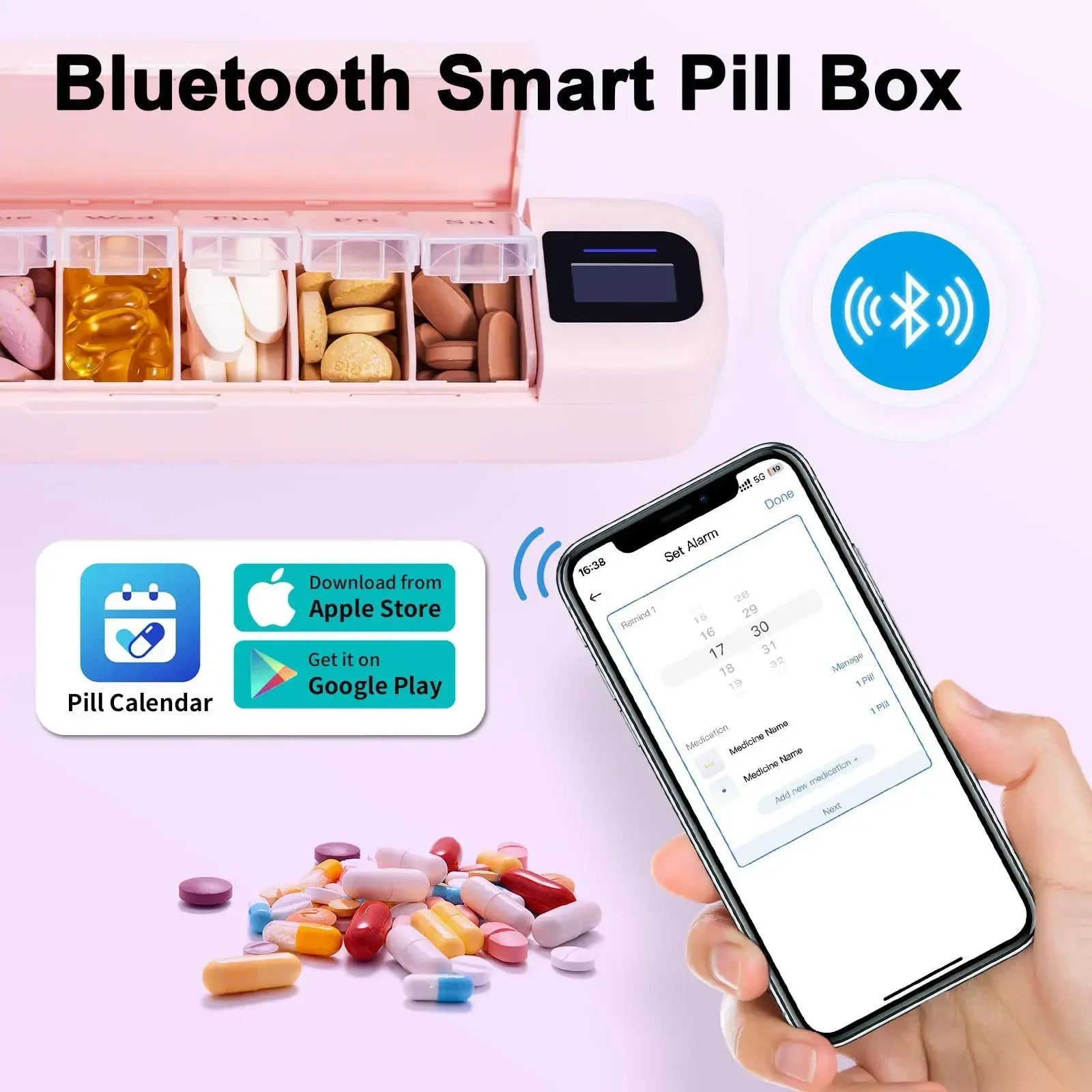 Bluetooth Connection Smart Electronic Pill Case Multi-functional Portable Timer Clock Pill Case 7 Days A Week Pill Box Dispenser