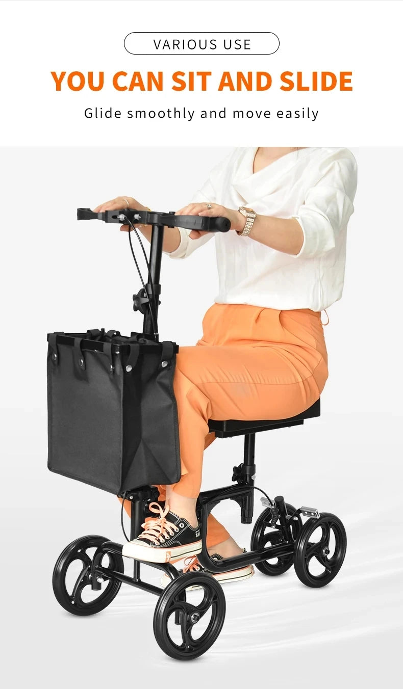 Elderly Disabled Knee Walker Foldable Seated Training Household Auxiliary Training Crutches Wheeled Trolley Four-wheeled Walker
