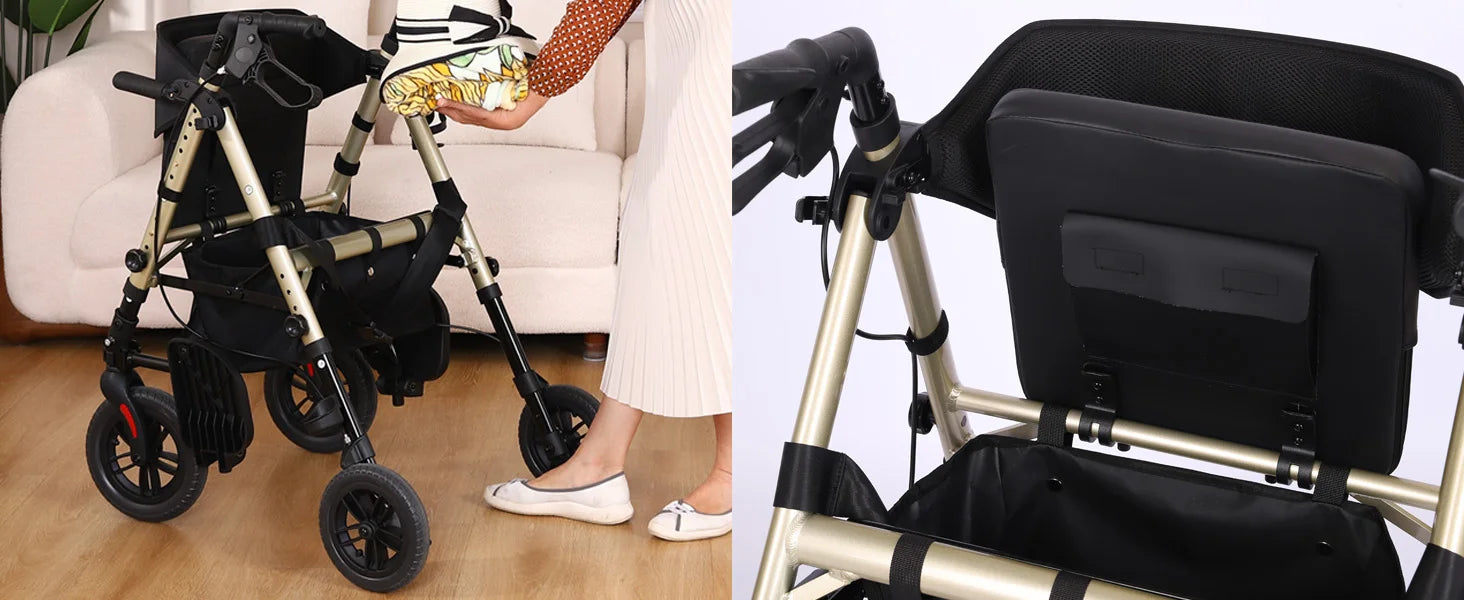 Lightweight 2 in 1 Rolling Walkers Wheelchair Combo for Adult, Transport Chair with Brakes, Adjustable Seat & Handle, 300lbs