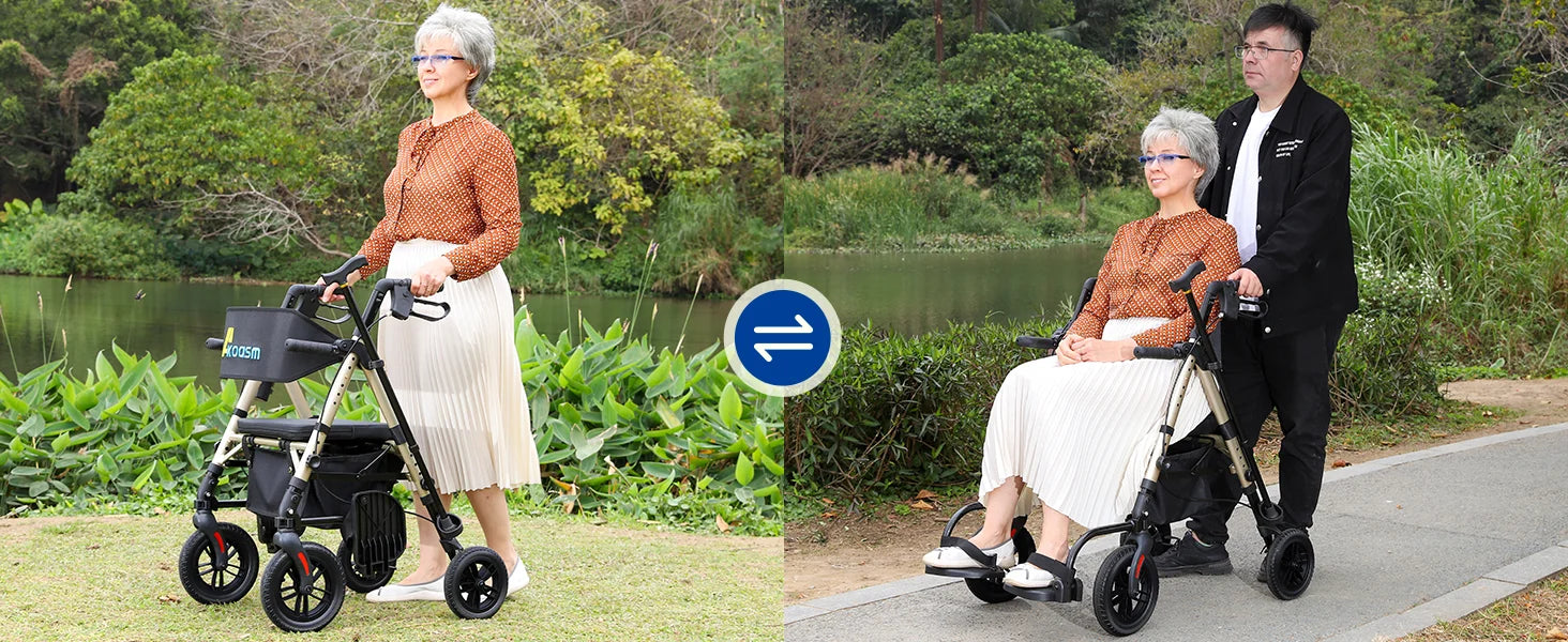 Lightweight 2 in 1 Rolling Walkers Wheelchair Combo for Adult, Transport Chair with Brakes, Adjustable Seat & Handle, 300lbs