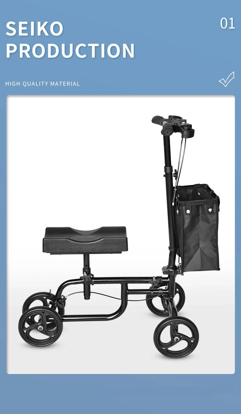 Elderly Disabled Knee Walker Foldable Seated Training Household Auxiliary Training Crutches Wheeled Trolley Four-wheeled Walker