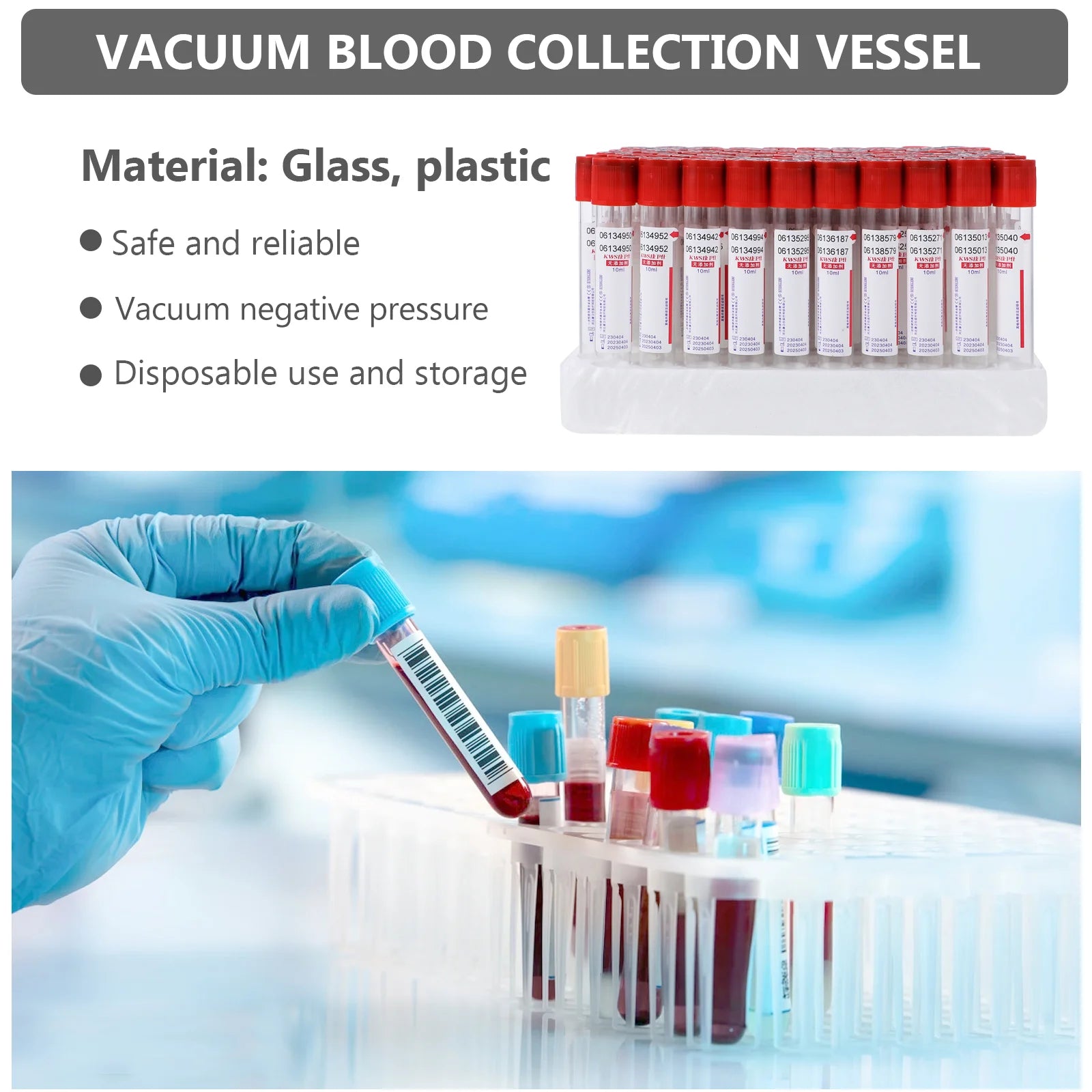 100 Pcs 10ml Blood Collection Tube Disposable Tubes Vacuum with Cover Test Glass Negative Pressure
