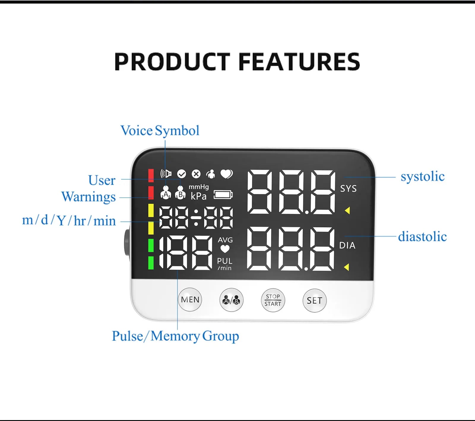 Blood Pressure Monitor Arm Cuff Tensiometer Tonometer Digital Voice Sphygmomanometer Electronic Medical BP Monitors Rechargeable