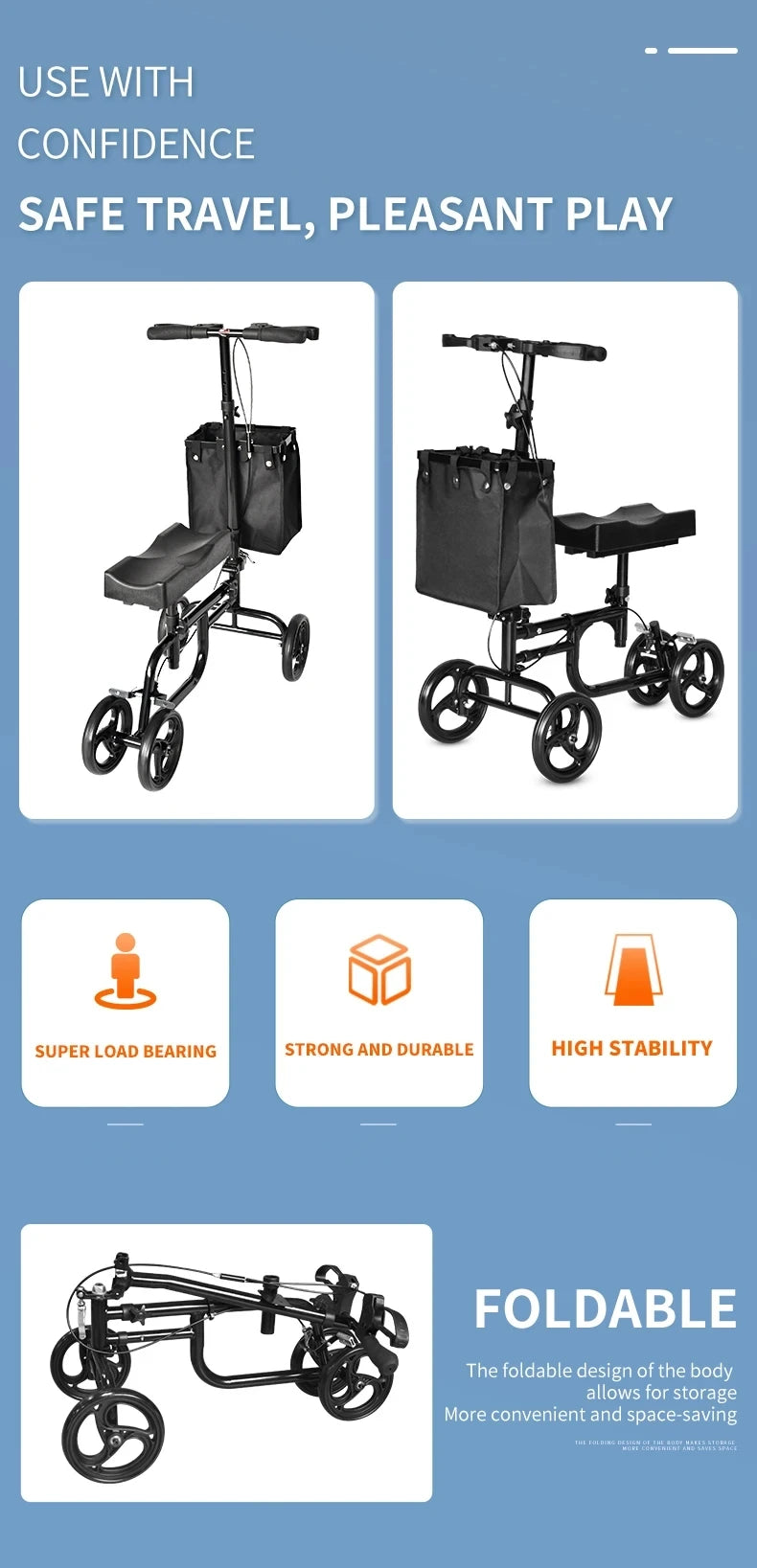 Elderly Disabled Knee Walker Foldable Seated Training Household Auxiliary Training Crutches Wheeled Trolley Four-wheeled Walker