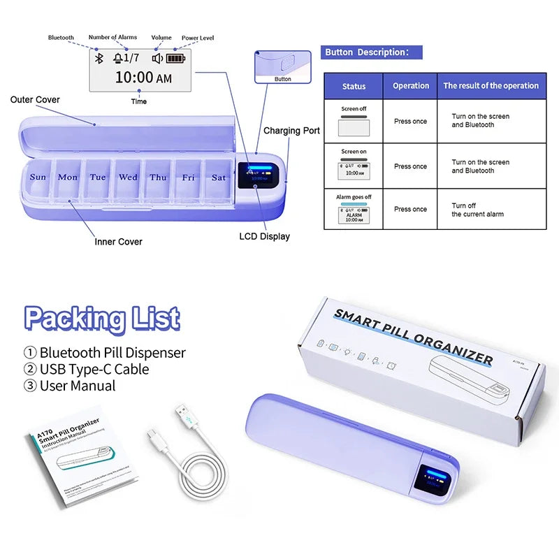 Bluetooth Connection Smart Electronic Pill Case Multi-functional Portable Timer Clock Pill Case 7 Days A Week Pill Box Dispenser