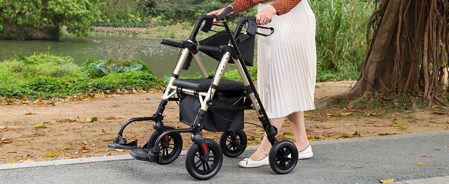Lightweight 2 in 1 Rolling Walkers Wheelchair Combo for Adult, Transport Chair with Brakes, Adjustable Seat & Handle, 300lbs